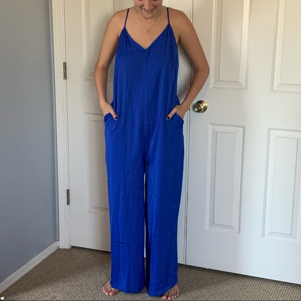 ***SOLD***Naked Zebra cobalt blue silk jumpsuit romper med